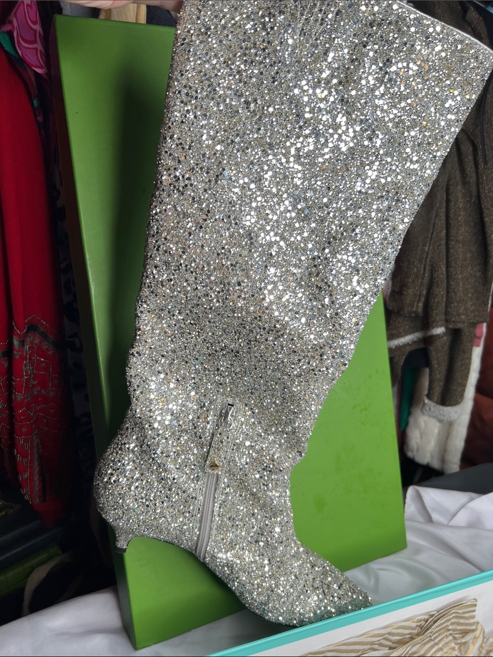 Kate Spade Olina Silver Glitter Tall Boots Kitten Heels In Box 8.5 - Picture 5 of 17